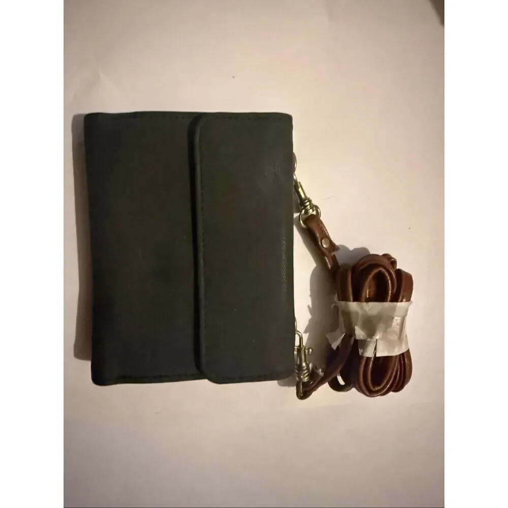 Vintage Perry Ellis America Womens Leather Crossbody Wallet Bag Green Brown NWOT